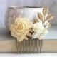 Bridal Hair Comb Ivory Cream Rose Comb Vintage Style Country Chic Bridesmaid Gift Gold and Cream Floral Collage Gold Branch Pearl Comb