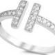 Double Sideways T Ring 925 Sterling Silver Russian Diamond Russian Iced Out CZ Ring Band For Ring Fashion Jewelry Gift