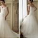Cap Sleeves Lace Tulle A-line Wedding Dress with Asymmetrical Drop Waist