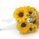 CHOOSE RIBBON COLOR - Sunflower & Baby's Breath Bridal / Bridesmaid Bouquet, Sunflower Bouquet, Baby's Breath Bouquet, Sunflower Wedding