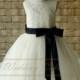 Ivory Lace Tulle Flower Girl Dress With Navy Sash and Bow, Champagne Lining