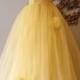50s Dress / 1950s Party Dress / 50s Wedding Dress / Vintage 1950s Yellow Tulle Strapless Dress Size S