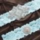 Blue Wedding Garter Set, Crystal Bridal Garter Set, Vintage Inspired Wedding Stretch Lace Garter, Bridal Garter, Garter Belt