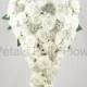 Artificial Wedding Flowers, White Rose Brides Teardrop Bouquet with Diamante Brooches