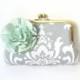 Gray Damask Clutch Purse with Mint Green Flower Adornment