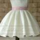 Ivory Satin Flower Girl Dress With Pearls Neckline and Pink Waistband