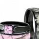 His and Hers Pink Women & Men Black Titanium Camo and Sterling Silver Princess Engagement Wedding Rings Set