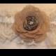 Wedding Garter Ivory Lace Burlap and Brown Ribbon Flower Country Redneck Hunting  Rustic Wedding Accessory