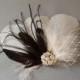 Feather Weadding Hair Clip Black and Ivory Bridal Fascinator - Rhinestone Jewel