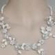 Wedding Bridal Luxe Necklace Bridal Jewelry White Wedding Blossom Diamond Shape Silver Clear Crystals FW Pearls Leaves And Flowers