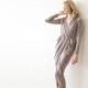 Formal taupe maxi wrap dress with long sleeves, Wrap formal taupe gown