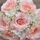 Silk Wedding Bouquet, Wedding Bouquet, Keepsake Bouquet, Bridal Bouquet Peach Rose , White Hydrangea And Babies Breath Wedding Bouquet