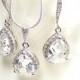 Crystal Bridal Set, Teardrop Pendant Necklace & Earrings, Sterling Silver Chain, Wedding Bridal Jewellery