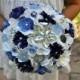 READY TO SHIP Blue and Ivory Hierloom Brooch Bouquet - Blue Bridal Bouquet - medium 8 inches