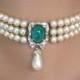 Emerald Pearl Bridal Choker, Great Gatsby Jewelry, Pearl Necklace, Pearl And Rhinestone Collar, Vintage Necklace, Art Deco, Bridal Jewelry