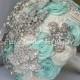 SALE 7" BEACH Wedding Brooch Bouquet, Mint-Blue Silver Bouquet, Wedding Flowers, Bridal Bouquet, Sea Jewelry Bouquet, Blue Crystal bouquet