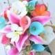 Wedding Hot Pink, Coral and Turquoise Aqua Natural Touch Orchids, Lilies, Callas and Plumerias Silk Flower Bride Bouquet - Robbin's Egg Mint