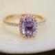 Rose gold sapphire ring. 1.38ct Lavender Blue sapphire diamond ring 14k rose gold cushion engagement ring