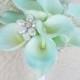 Silk Flower Wedding Bouquet - Aqua Mint Blue Calla Lilies Natural Touch Brooch Silk Bridal Bouquet - Robbin's Egg