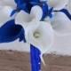 Silk Wedding Bouquet with Blue and White Calla Lilies - Natural Touch Callas Silk Bridal Flowers