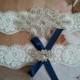 SALE - Wedding Garter, Bridal Garter, Garter - Crystal Rhinestone  on a White Lace with Navy Bow - Style G2084