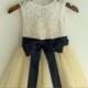 Champagned Dress with Ivory Lace Top Flower Girl Dresses, Tulle Flower Girls Dress With Navy Blue Sash and Bow
