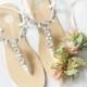 Pearl Wedding Sandals Shoes with Something Blue Sole and Oval Jewel Crystals for Beach or Destination