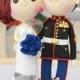 Wedding cake topper, US Marine with his beautiful wife and lovely pets clay dolls, Engagement clay decoration, clay ring holder, clay figure