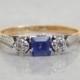 vintage engagement ring - sapphire and diamond 3 stone ring in 18ct gold and platinum - vintage 1950s