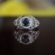 Sapphire Engagement Rings - Michael Raven - Rick Lara - 1 Carat Sapphire & Diamond Halo Engagement Ring - Antique Inspired Engagement Ring, Vintage Style - Blue Sapphire Engagement Rings for Women