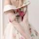 Organza Silk Floral Print Long Sheer Sleeve Low V Back Dress Vivien Leigh Old Movie White Full Dress Cottage Chic Off Shoulder Wedding Gown