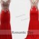 Wonderful Red Mermaid Prom Dresses with Train Appliques 2016 Long Evening Gowns Lace Lady Dress 0532
