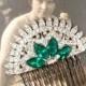 1920s Art Deco Emerald Green Bridal Hair Comb, 1930s Vintage Rhinestone Fan Silver Dress Clip to Hairpiece Antique Gatsby Wedding Headpiece