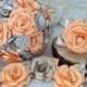 paper flower bouquets, paper bouquets, paper flowers, brooch detail roses, apricot,peach, sheet music, silk, foam flowers, first anniversary