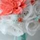 Wedding Bridal Bouquets 17 Piece Package Bride Bridesmaid Bouquet Boutonniere Silk Flower CORAL GUAVA Robin's Egg BLUE "Lily of Angeles"