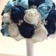 Handmade Satin Rose Bouquet- Navy, Tiffany Blue & Ivory Flower accented with rhinestone (Large, 9 inch)