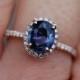 Rose gold sapphire ring. 1.47ct Indigo blue sapphire diamond ring 14k rose gold oval engagement ring