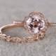 2pcs Morganite Bridal Ring Set,Engagement ring Rose gold,Diamond wedding band,14k,7mm Cushion Cut,Promise Ring,Retro Vintage Floral,Art Deco