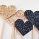 Heart Cupcake Toppers - Wedding Cupcake Toppers - Glitter Heart Cake Topper - Bachelorette Party Decor - Bridal Shower Decor -Black and Gold