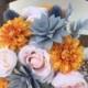 Orange Blush Succulent Silk Wedding Bouquet with Peony, Echeveria, Thistle, Dahlia, Rose & Dusty Miller