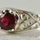 Ruby Ring in Sterling Silver, Genuine Faceted Ruby Stone in Filigree Ring, Engagement Promise Solitary Statement Ring