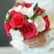 Red, Ivory rose bouquet with boutonniere.
