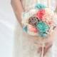 Coral aqua  wedding bouquet,  bridal bouquet, fabric flowers bouuqet DEPOSIT