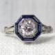 Art Deco 18k Gold Diamond Engagement Ring with Sapphire Halo 1.14 Carats