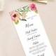 Isabella Printable Wedding Menu (DIY Card), Watercolor Floral Menu - Custom menu, Customizable Text