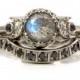Modern Gothic Engagement Ring Set - Labradorite and Black Diamond Moon Phase Stacking Wedding Rings