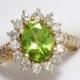 GIA report stunning 14k gold green peridot solitaire accented w/ diamonds ballerina / halo / cocktail ring band size 6.5