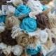 Turquoise Burlap and Lace Bride's Bouquets and Boutonnieres Custom Wedding Arrangements with Fabric Flowers