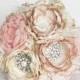 Fabric flower brooch bouquet . Vintage Wedding . Ostrich feather trim . Pink ivory champagne peony roses in ANY COLOR