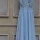 Backless Blue Lace Long Chiffon Prom Dress Beach Wedding Dress